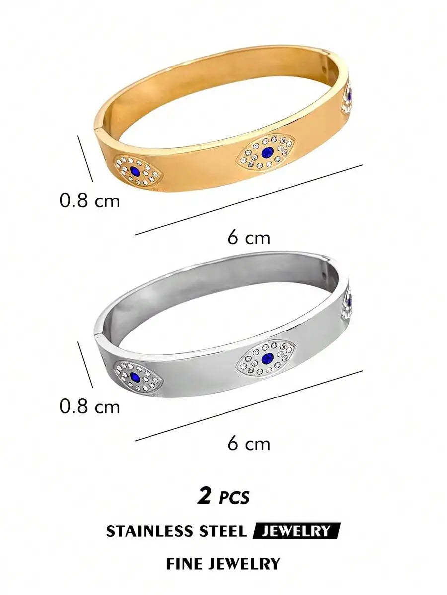 Gold Plated Stainless Steel Evil Eye Cuff Bracelet Bohemian Style For Women
