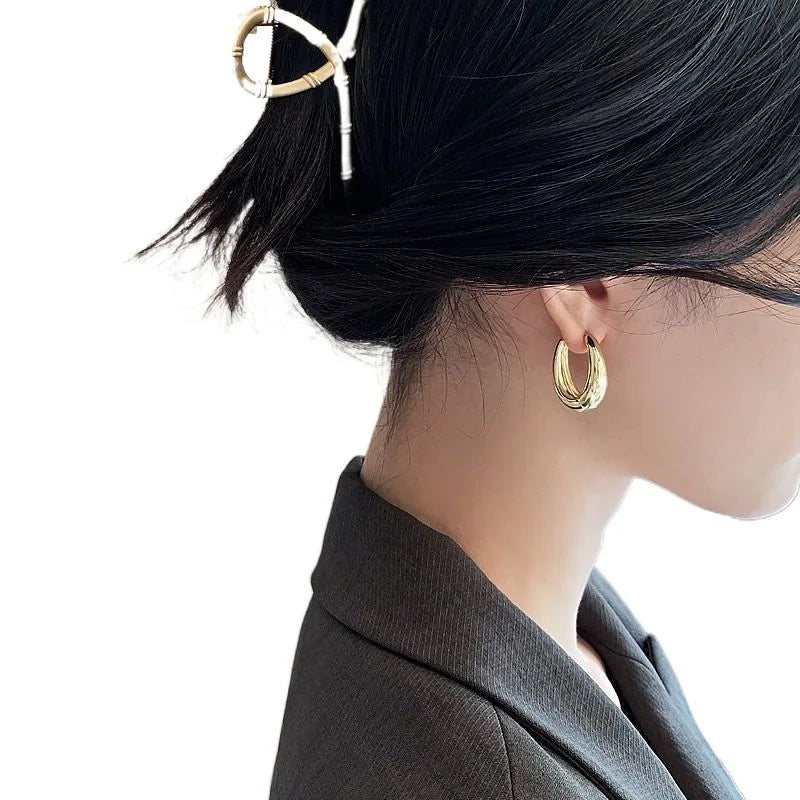 Gold Teardrop Huggie Hoop Earrings, Thick Oval Click Hoop Earrings, Polished Chunky U Shape Hoop Earrings for Women
