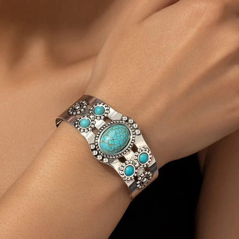 Vintage Bohemian Style Artificial Inlaid Turquoise Cuff Bangle Creative Design mbzr