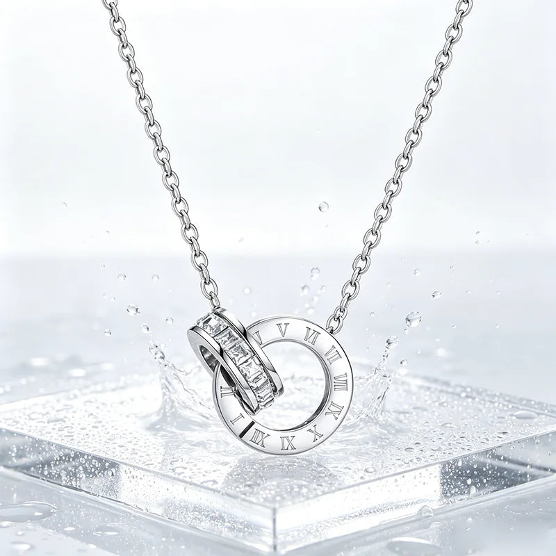 Women Vintage Roman Numeral Interlocking Ring Necklace, 13mm Double Circle Inlaid Zircon Pendant, 316 Stainless Steel Adjustable 50+5cm Chain, Hypoallergenic Waterproof Fade Resistant Daily Wear Jewellery