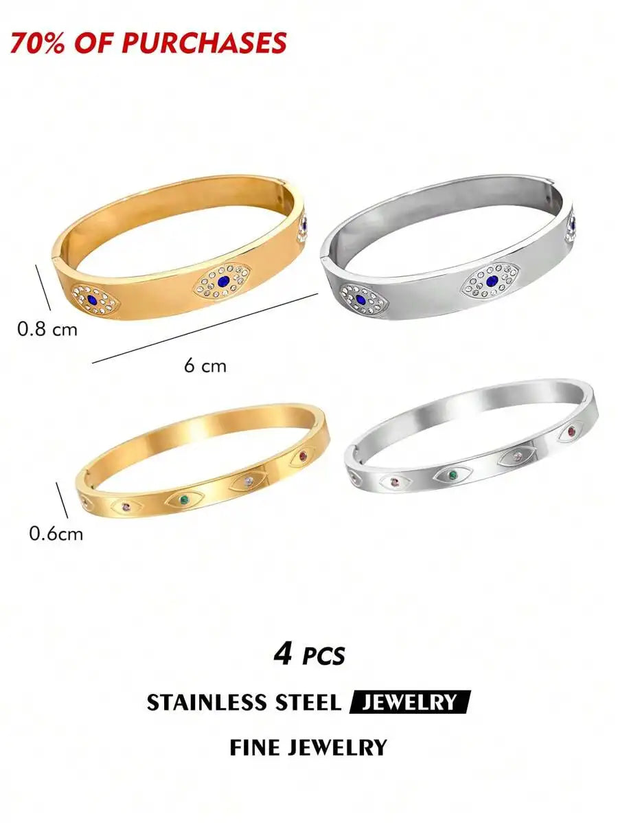 Gold Plated Stainless Steel Evil Eye Cuff Bracelet Bohemian Style For Women