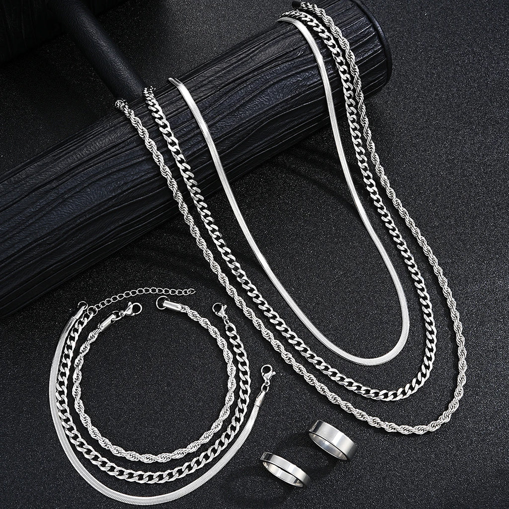 New Arrival Silver Tone Stainless Steel Jewelry Set Unisex Punk Vintage Smooth Ring Necklace Bracelet Waterproof Anti Tarnish Minimal Street Daily Wear Jewelry Gift For Men