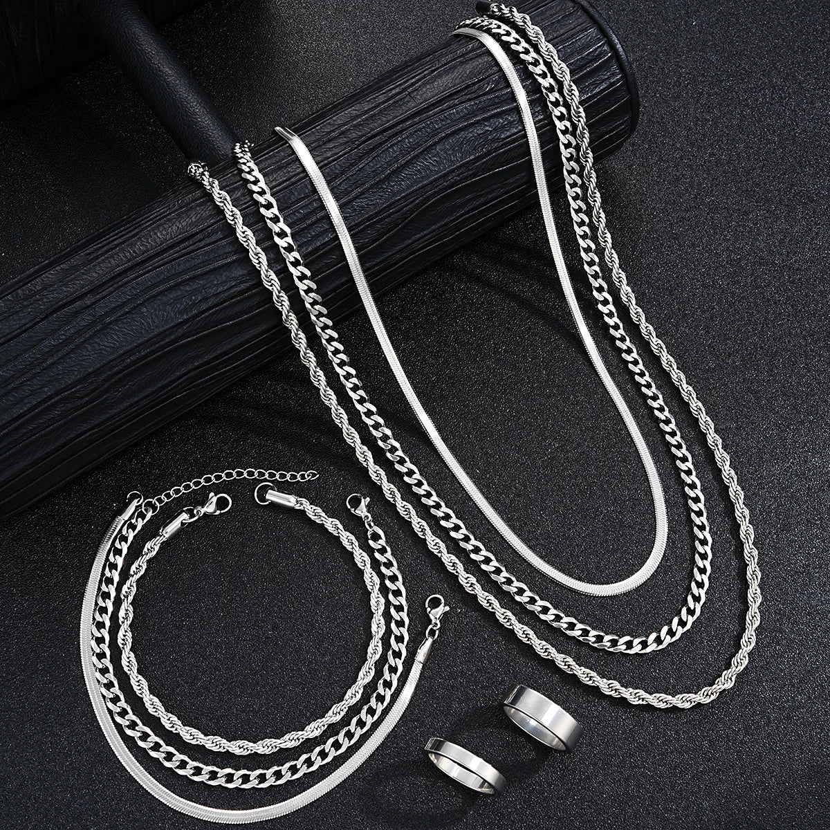 New Arrival Silver Tone Stainless Steel Jewelry Set Unisex Punk Vintage Smooth Ring Necklace Bracelet Waterproof Anti Tarnish Minimal Street Daily Wear Jewelry Gift For Men