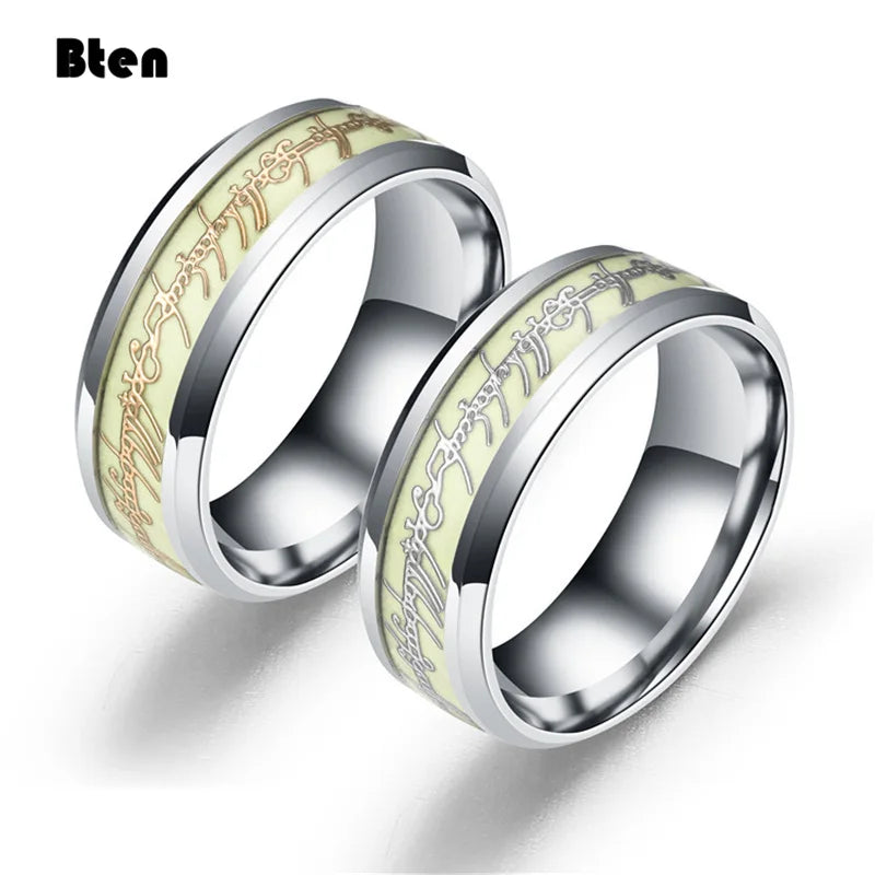 Bten Luminous Ring Black Fashion Man Minimalist Stainless Steel Ring Glowing Ring Couple In The Dark Jewelry Black Domineering