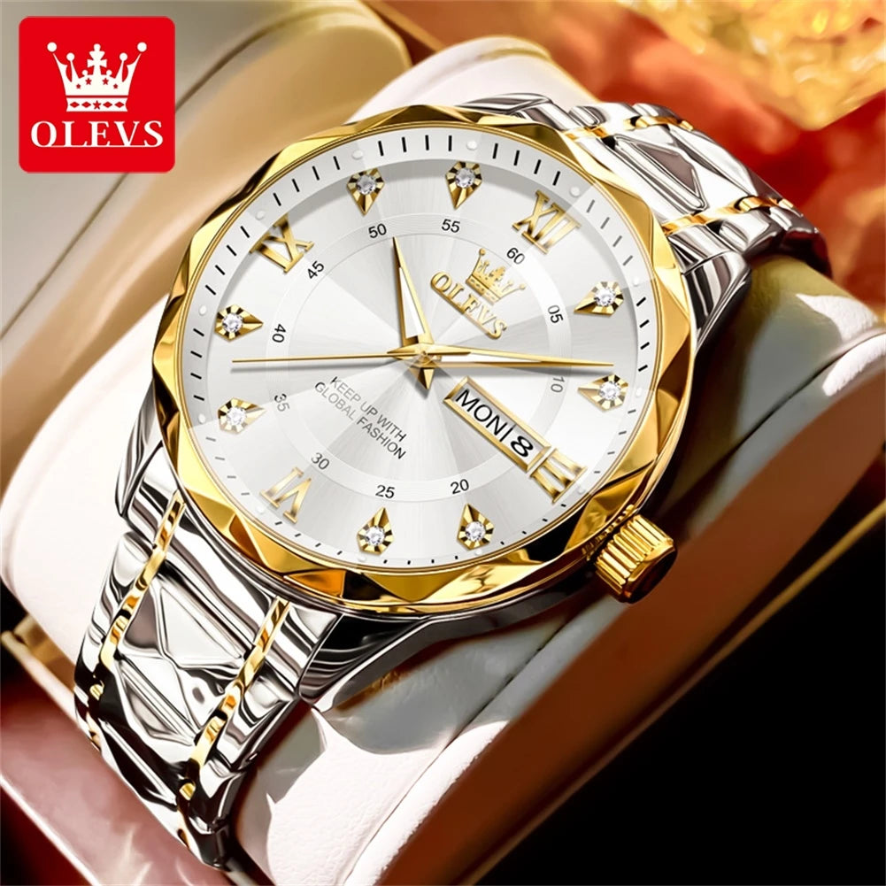 OLEVS 5609 Brand Original Quartz Movement Watch For Men Big Diamond Dual Calendar Dial Steel Bracelet HD Luminous Function 30m Waterproof Watch