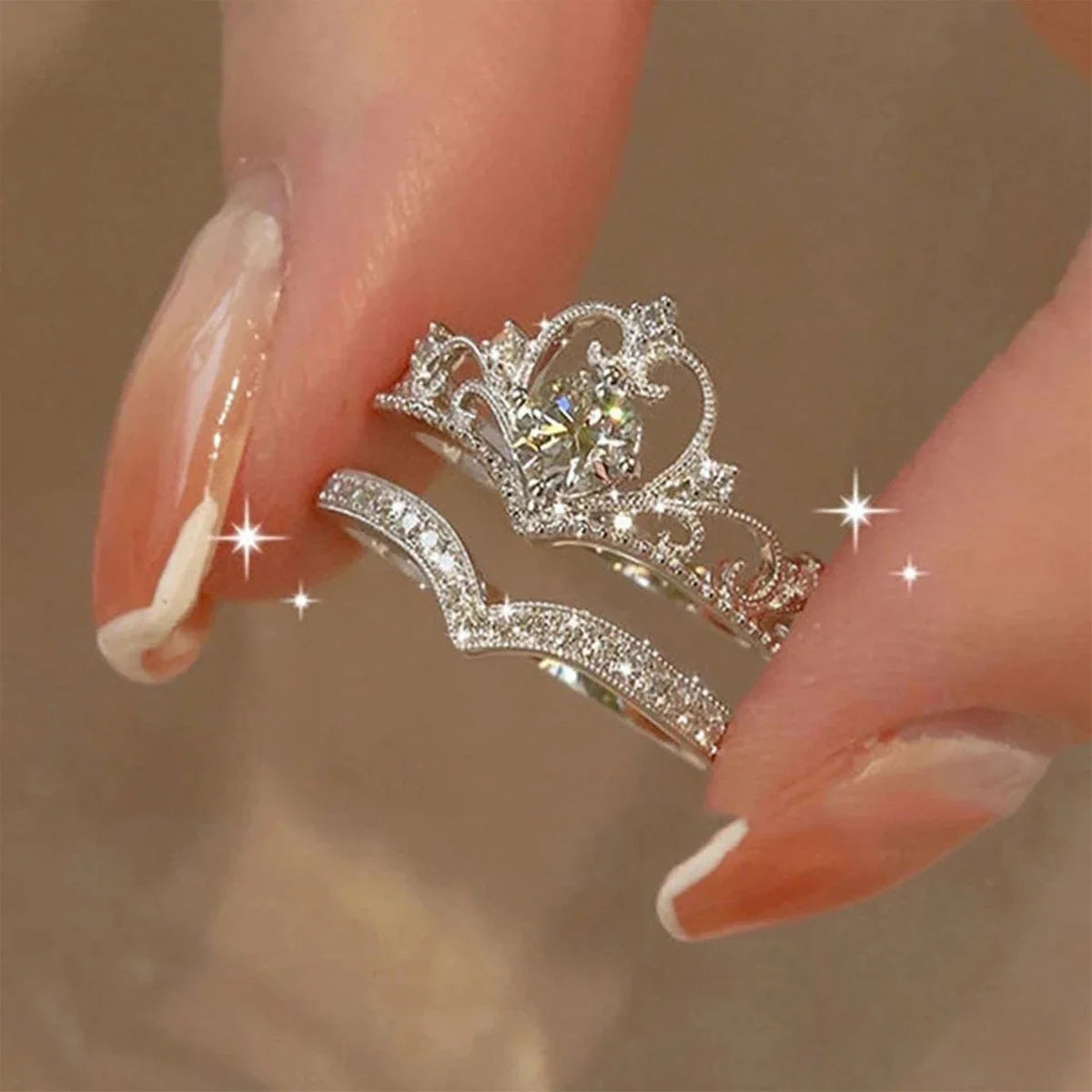 Stainless Steel 2PCS Crystal Crown Adjustable Ring Irregular Geometry Vintage Rings Set for Women Girls New Fashion Jewelry Gift