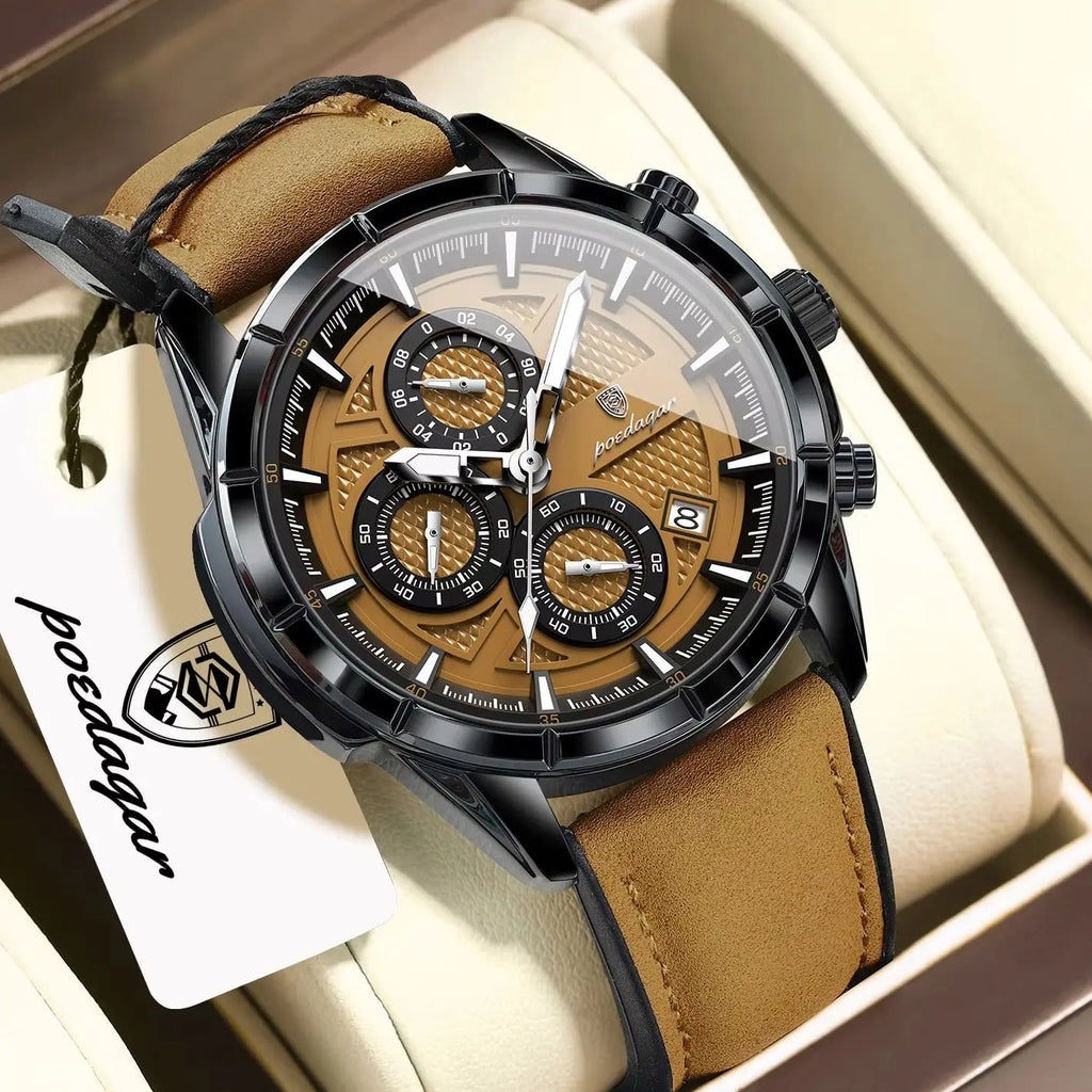 POEDAGAR Fashion Men Wristwatch Luminous Waterproof Leather Quartz Sports Men's Watches Date Chronograph Military Man Clock Gift mbzr