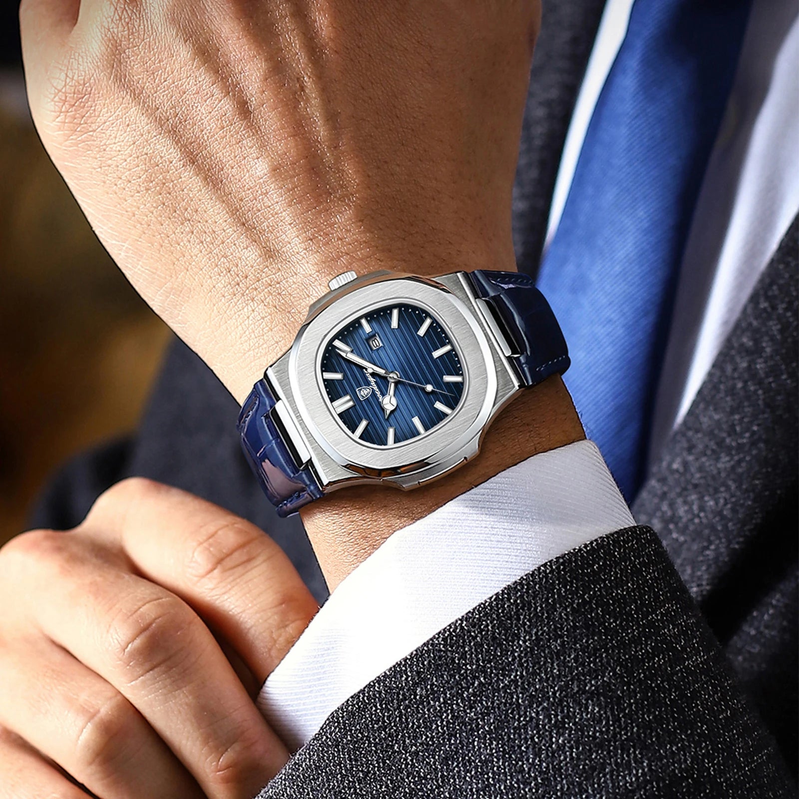 POEDAGAR Top Square Man Watch Date Waterproof Luminous Luxury Men Wristwatch High Quality Leather Men's Quartz Watches+Box Reloj mbzr