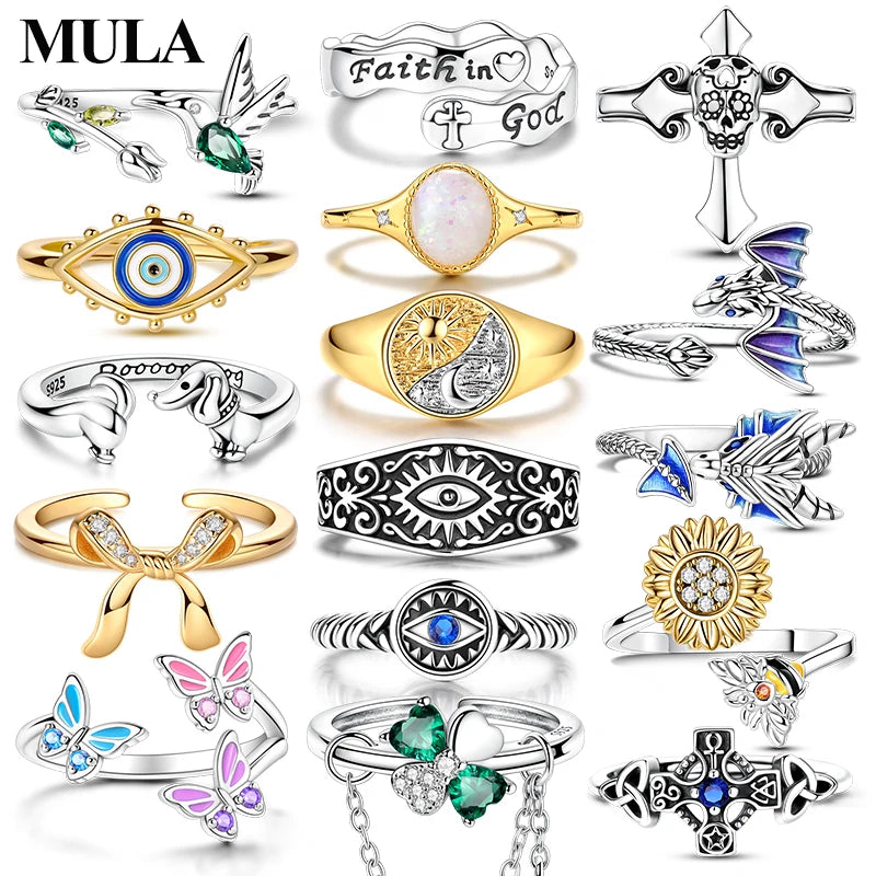 MULA Sterling Silver Retro Animal Zircon Adjustable Open Ring