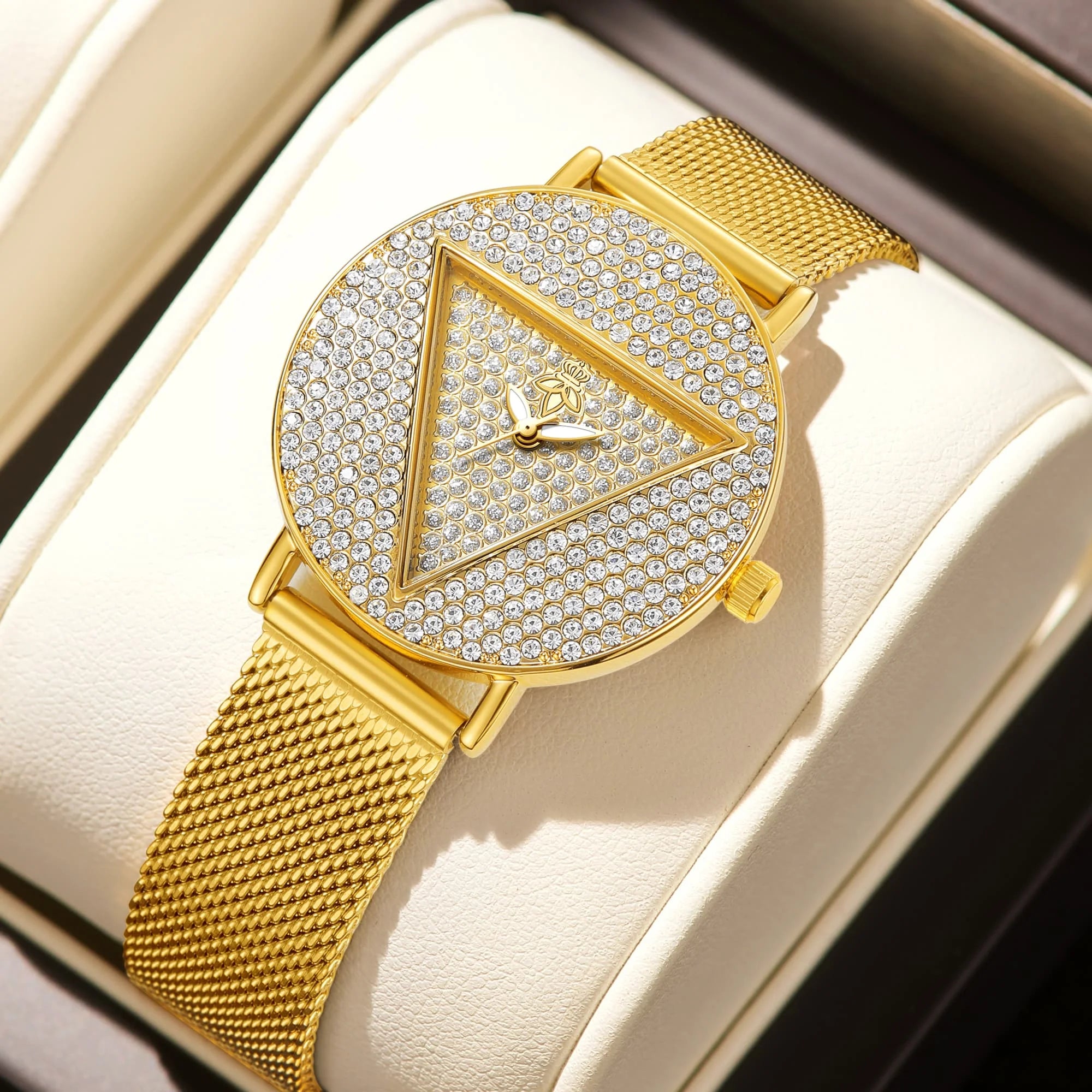 YaLaLuSi Geometric Triangle Rhinestone Ladies Wristwatch Full Paved Crystal Dial Gold Mesh Bracelet Quartz Fashion Women Dress Watch