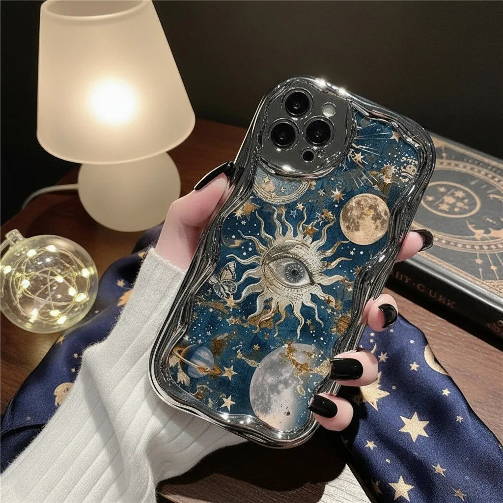Sky Sun and Moon themed case, designed with stunning cosmic art, compatible with iPhone 16 15 14 13 12 and 11 Pro models