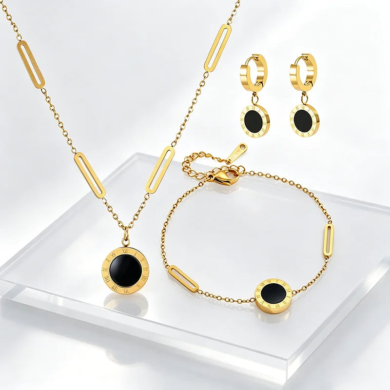 Roman Numeral Round Pendant Jewelry Set For Women, Stainless Steel Necklace Bracelet Hoop Earrings Set, Waterproof Hypoallergenic Non-Tarnish Black Acrylic Fashion Jewellery Gift