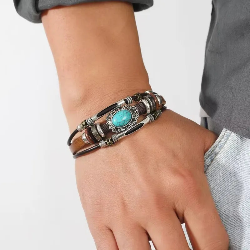 Men Bohemian Bracelet Imitation Turquoise Beaded Leather Durable Stainless Steel Clasp Cuff Hand Jewelry