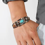 Men Bohemian Bracelet Imitation Turquoise Beaded Leather Durable Stainless Steel Clasp Cuff Hand Jewelry