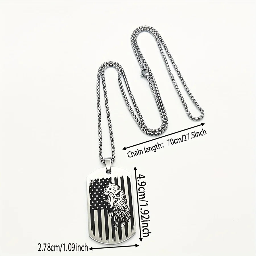 Stainless Steel Pendant Necklace - Engraved Dog Tag Design with Black Chain, Perfect for Independence Day, Jewelry Gift