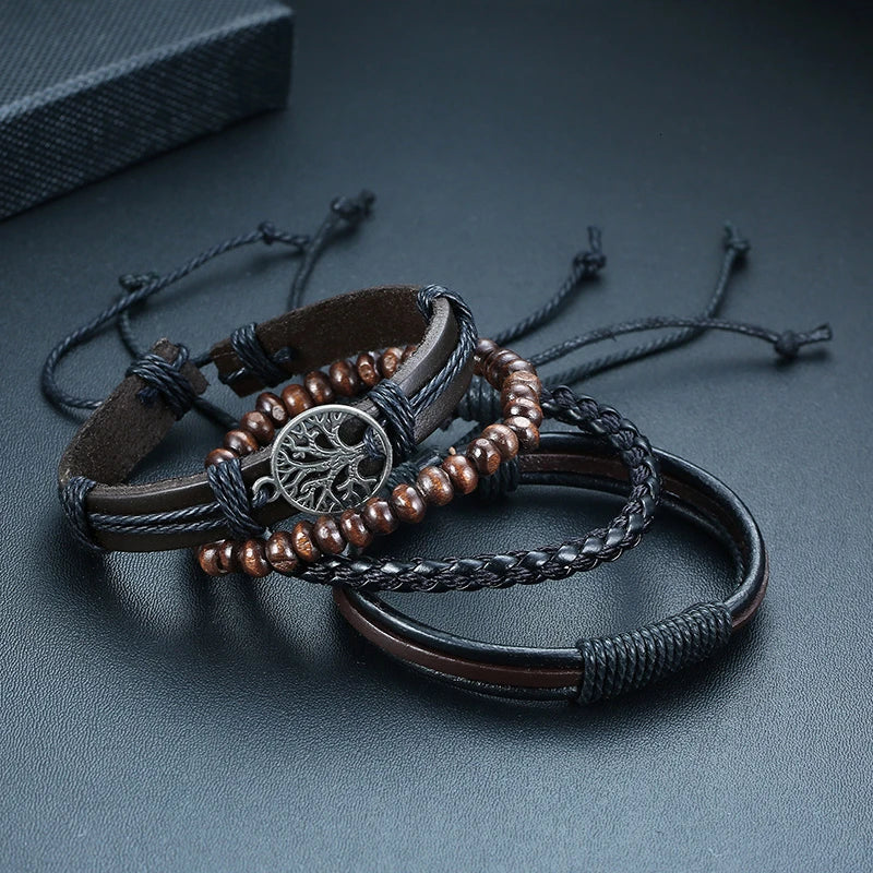 4 in 1 Braided Wrap Leather Bracelets for Men Vintage Life Tree Rudder Charm Wood Beads Ethnic Tribal Wristbands