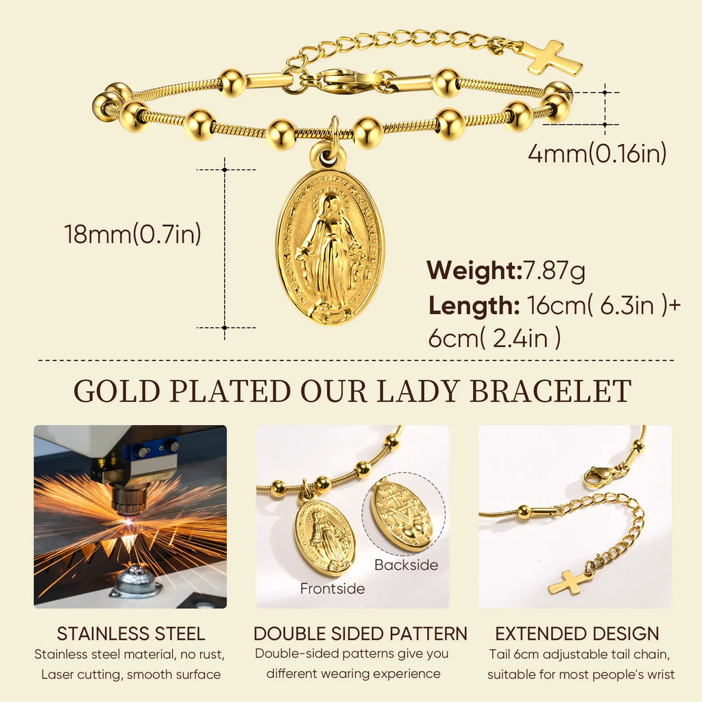 Virgin Mary Rosary Bead Cross Bracelet for Women, Tri-color Adjustable Chain Virgin of Guadalupe Bracelet Baptism Confirmation