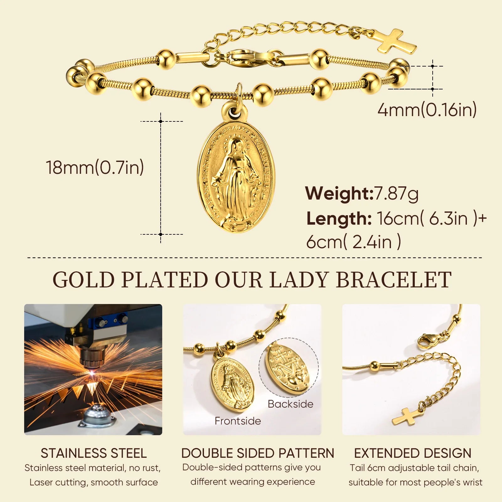 Virgin Mary Rosary Bead Cross Bracelet for Women, Tri-color Adjustable Chain Virgin of Guadalupe Bracelet Baptism Confirmation