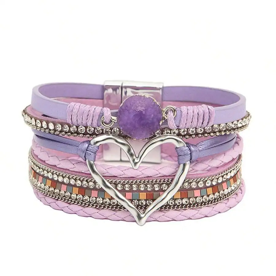 Layered PU Leather Heart Charm Wrap Bracelet With Magnetic Closure For Women, Boho Style, All Season Accessory mbzr