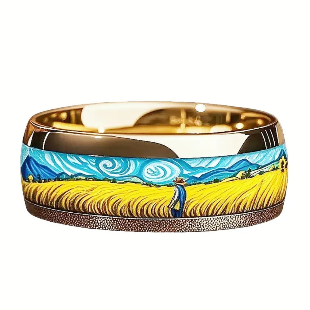8MM Fashion Oil Painting Inlay Men's Stainless Steel Rings Unique Women Gold Color Steel Ring Wedding Engagement Jewelry Gift
