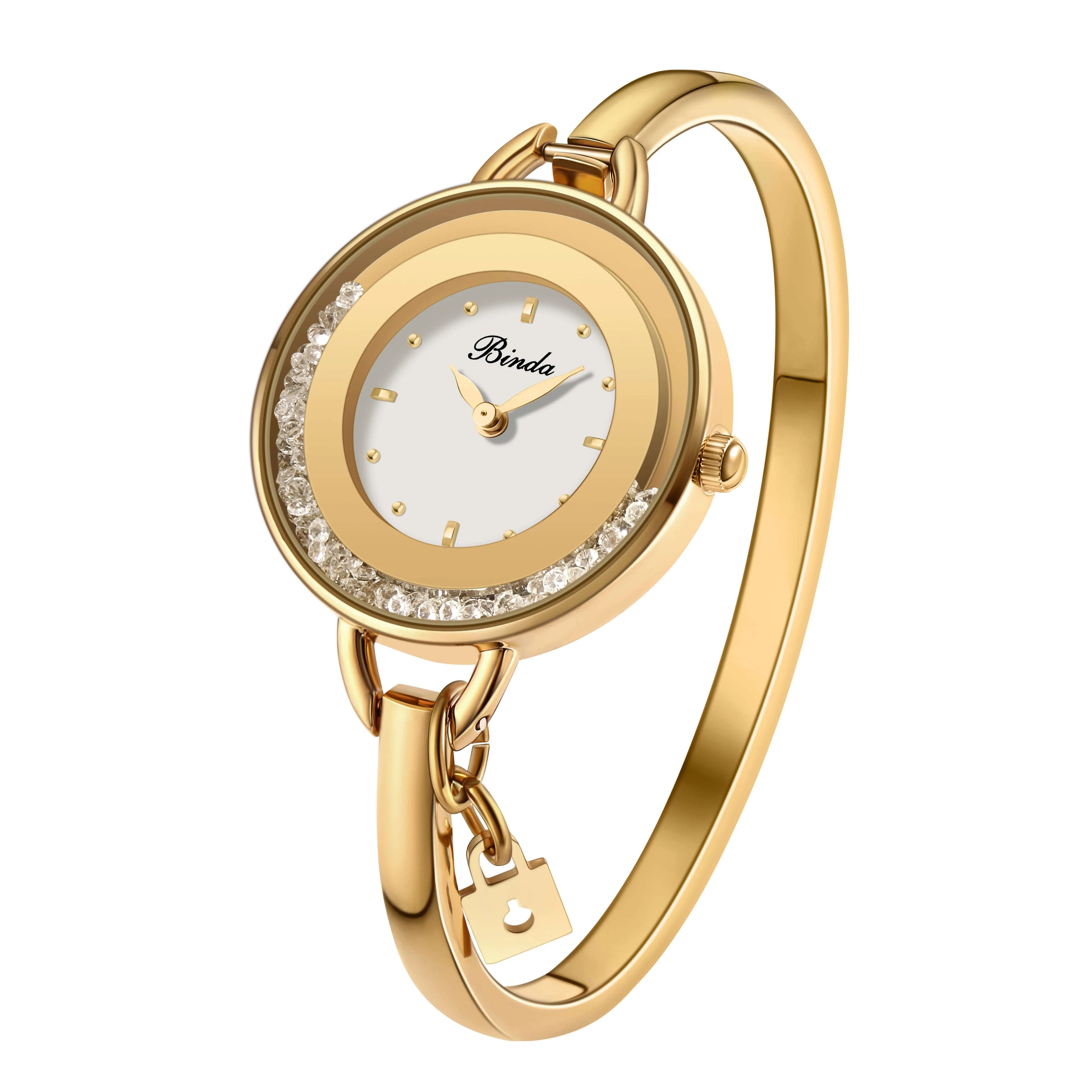 BINDA Elegant Quartz Watch Rainbow Gold Stainless Steel Bracelet Round Delicate Dial mbzr
