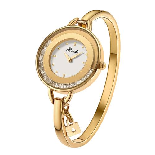 BINDA Elegant Quartz Watch Rainbow Gold Stainless Steel Bracelet Round Delicate Dial mbzr