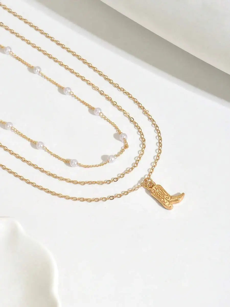 Exquisite Women's Multi-Layer Pendant Necklace, Western Style Boot Pendant Women's Jewelry, Detailed With Faux Pearl, Suitable F