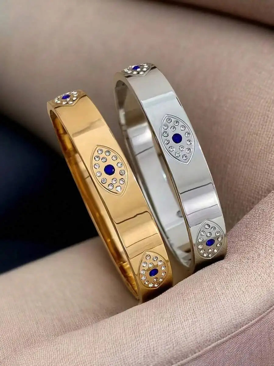 Gold Plated Stainless Steel Evil Eye Cuff Bracelet Bohemian Style For Women