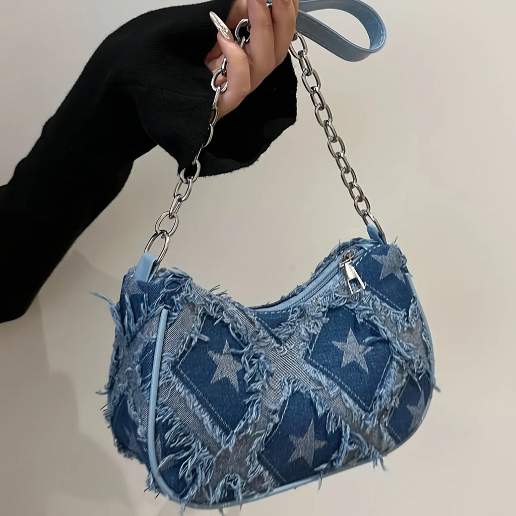 Women's Tote Bag with Star Pattern Blue Distressed Design, Golden-Tone Hardware, Stylish Handbag Shoulder Bag for Everyday Use20 mbzr