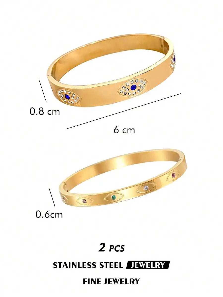 Gold Plated Stainless Steel Evil Eye Cuff Bracelet Bohemian Style For Women