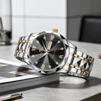 1 Set Mens Watches Local Shipping Luxury style 41mm Blue Dial Rhinestone Scale Calendar & Week Quartz Movement Men's Clock Stainless Steel Gradient Gold Strap Business Watch Men mbzr