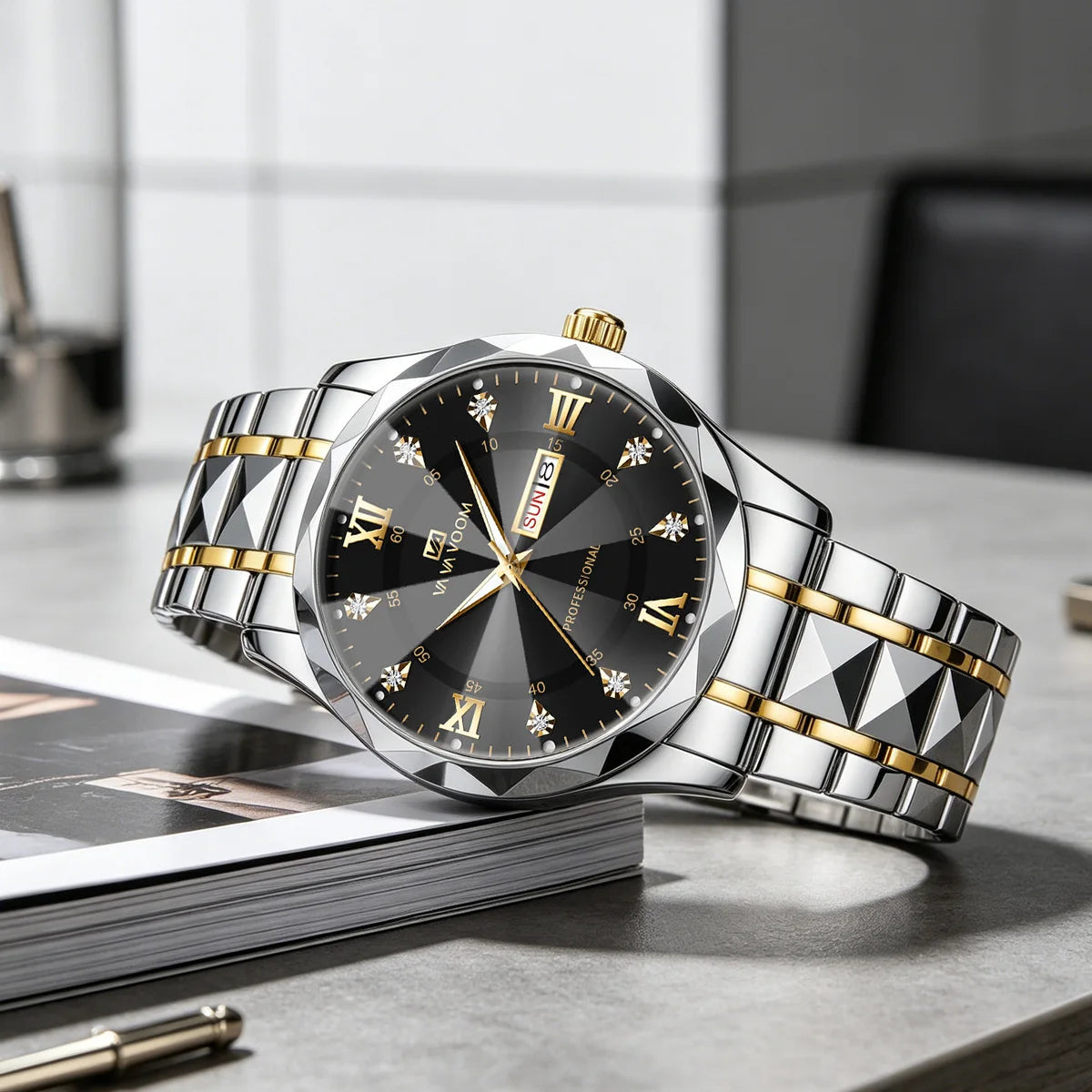1 Set Mens Watches Local Shipping Luxury style 41mm Blue Dial Rhinestone Scale Calendar & Week Quartz Movement Men's Clock Stainless Steel Gradient Gold Strap Business Watch Men mbzr