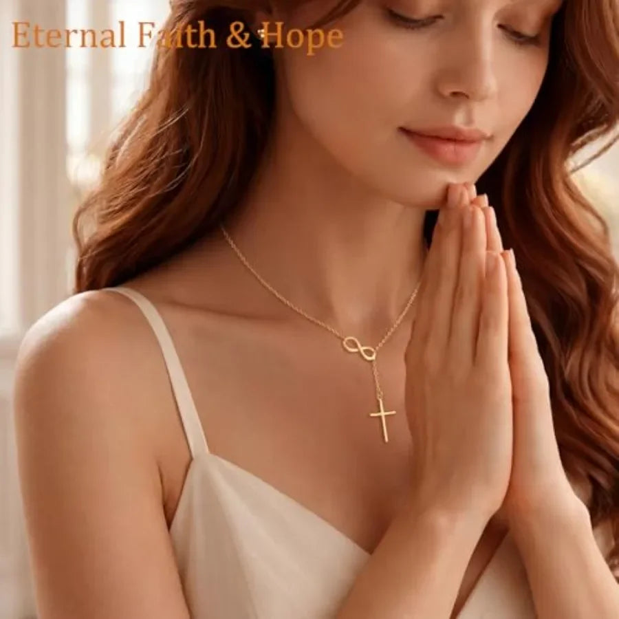 1Pcs Gold Plated Infinity Symbol & Cross Lariat Necklace, Dainty Y-Drop Chain Necklace for Women, Elegant Minimalist Statement Jewelry for Everyday Wear & Dating