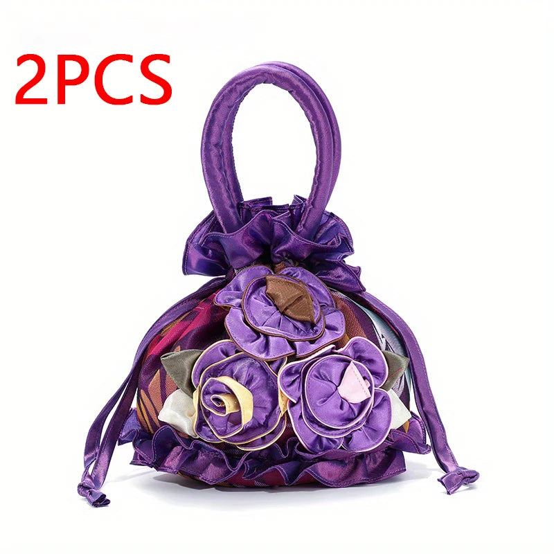2PCS Fashion Versatile Drawstring Ladies Handbag Flower Dinner Bag Handle Bucket Bag Portable Cell Phone Bag Coin Purse