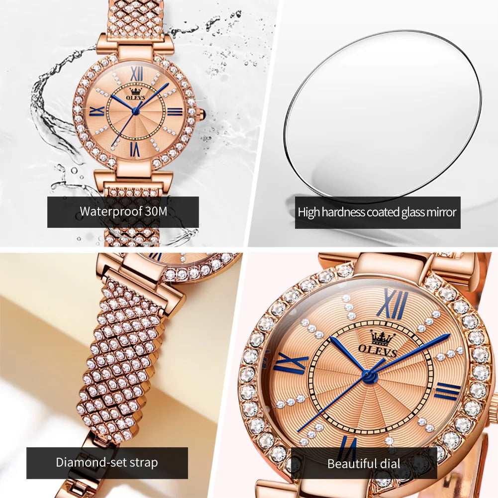OLEVS 9942 Fashion Quartz Movement Watch For Women Full Of Diamond-set Strap Roman Scale Dial 30m Waterproof Luminous Watch mbzr