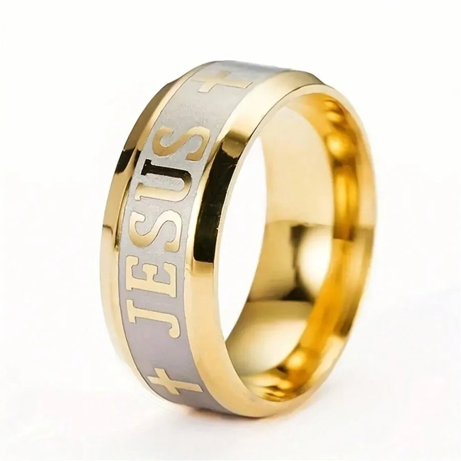 1pc Large Size 8mm 316 Titanium Steel 18K Silver Plated Gold Plated Jesus Cross Letter Bible Wedding Ring