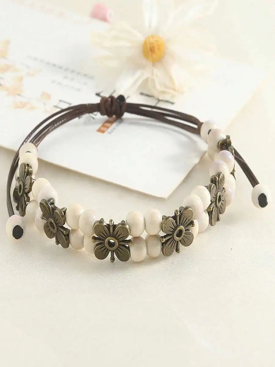 1Pc Vintage Bohemian Woven Leather Cord Bracelet For Women Girls, Handmade Colorful Beaded Bracelet With Flower Pendant Adjustable Knot, Boho Jewelry For Daily Party Dating Holiday Gift Accessory