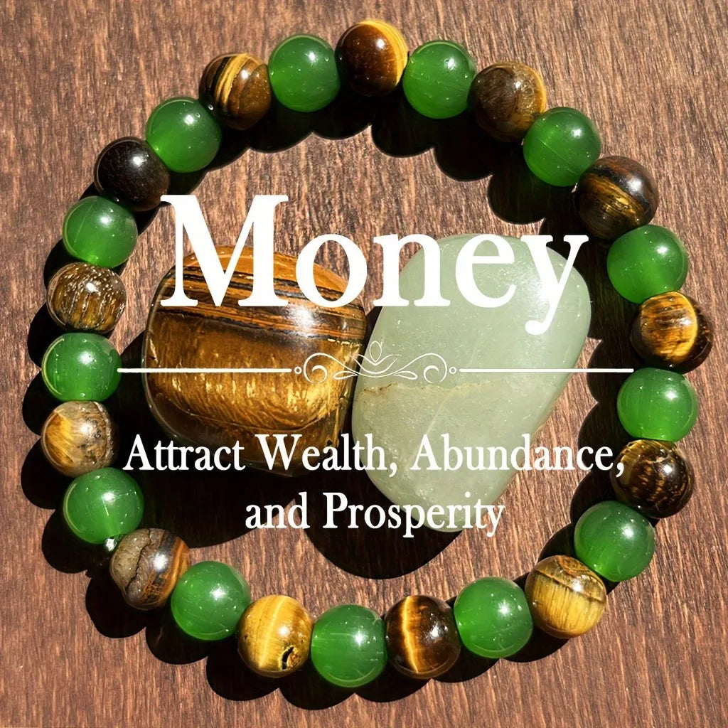 2 8mm Lucky Bracelets with 8mm Tiger Eye and Green Aventurine - Handcrafted Natural Crystal Beads to Help Relax, Attract Wealth and Relieve Anxiety - Vintage Bohemian Style
