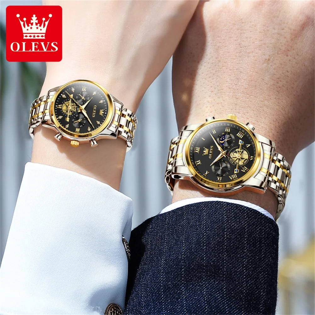 OLEVS Quartz Couple Watch Luxury Brand Waterproof Lunar Phase Timing Code Watch Elegant and Romantic Lover His  Her Couple Watch mbzr