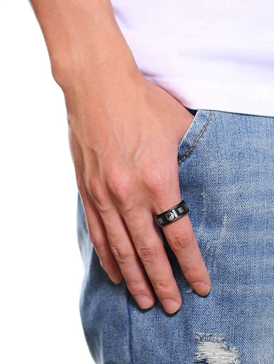 1pc Men's Stainless Steel Yin Yang Bagua Rotating Ring, Black Jewelry Accessory