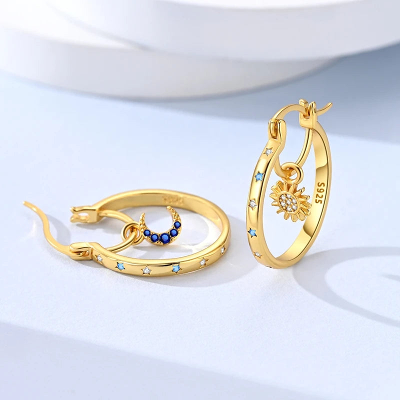 MULA 925 Sterling Silver Sun Moon Stars Hoop Earring For Women Classic Simple Fashion Sparkling Earring Anniversary Jewelry Gift