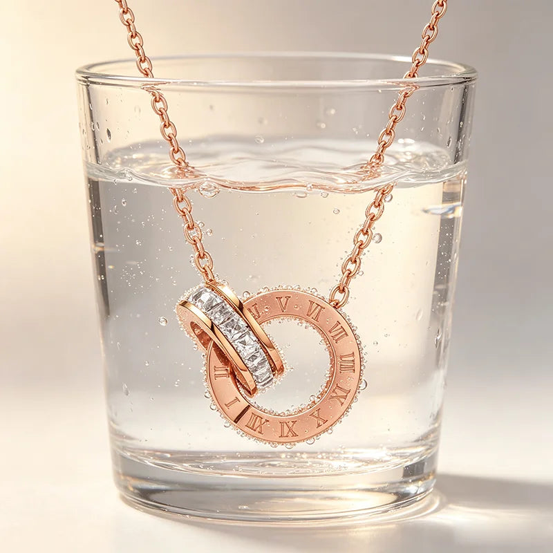 Women Vintage Roman Numeral Interlocking Ring Necklace, 13mm Double Circle Inlaid Zircon Pendant, 316 Stainless Steel Adjustable 50+5cm Chain, Hypoallergenic Waterproof Fade Resistant Daily Wear Jewellery