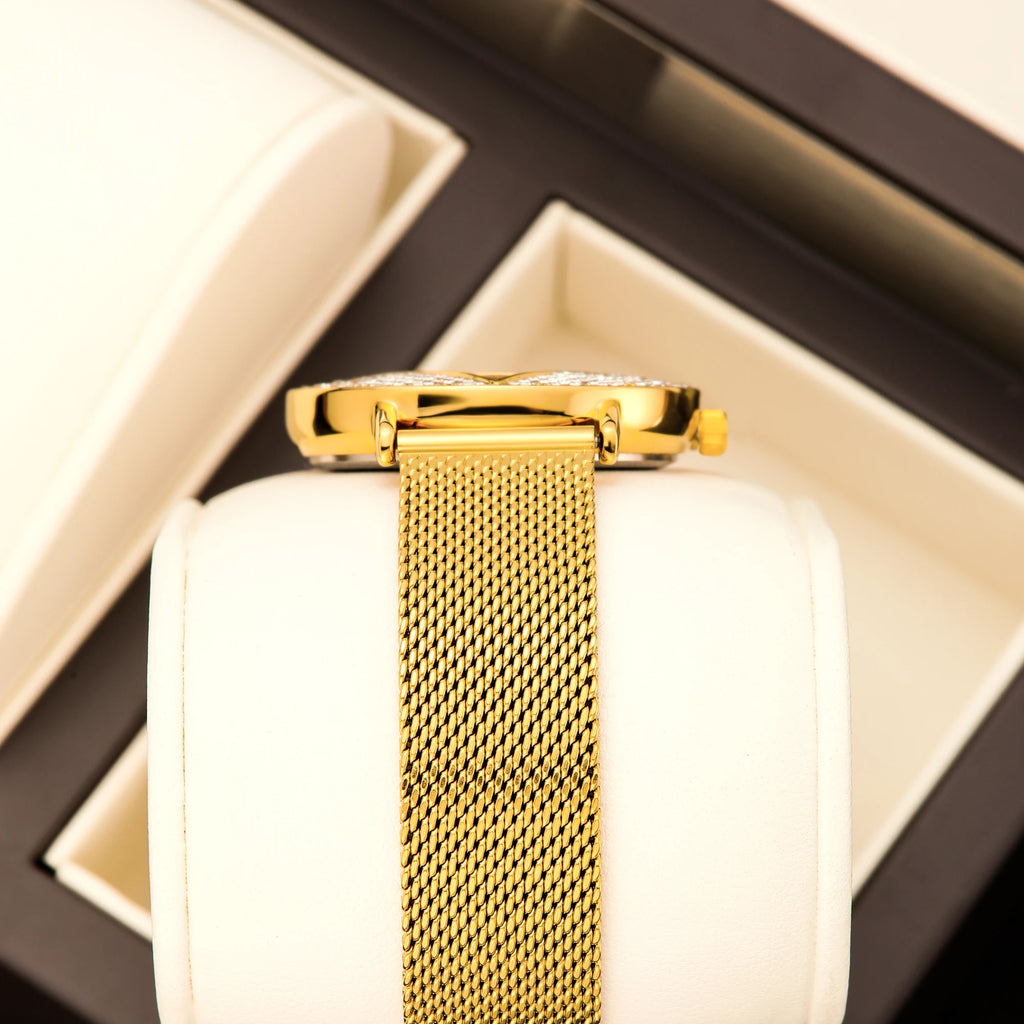 YaLaLuSi Geometric Triangle Rhinestone Ladies Wristwatch Full Paved Crystal Dial Gold Mesh Bracelet Quartz Fashion Women Dress Watch
