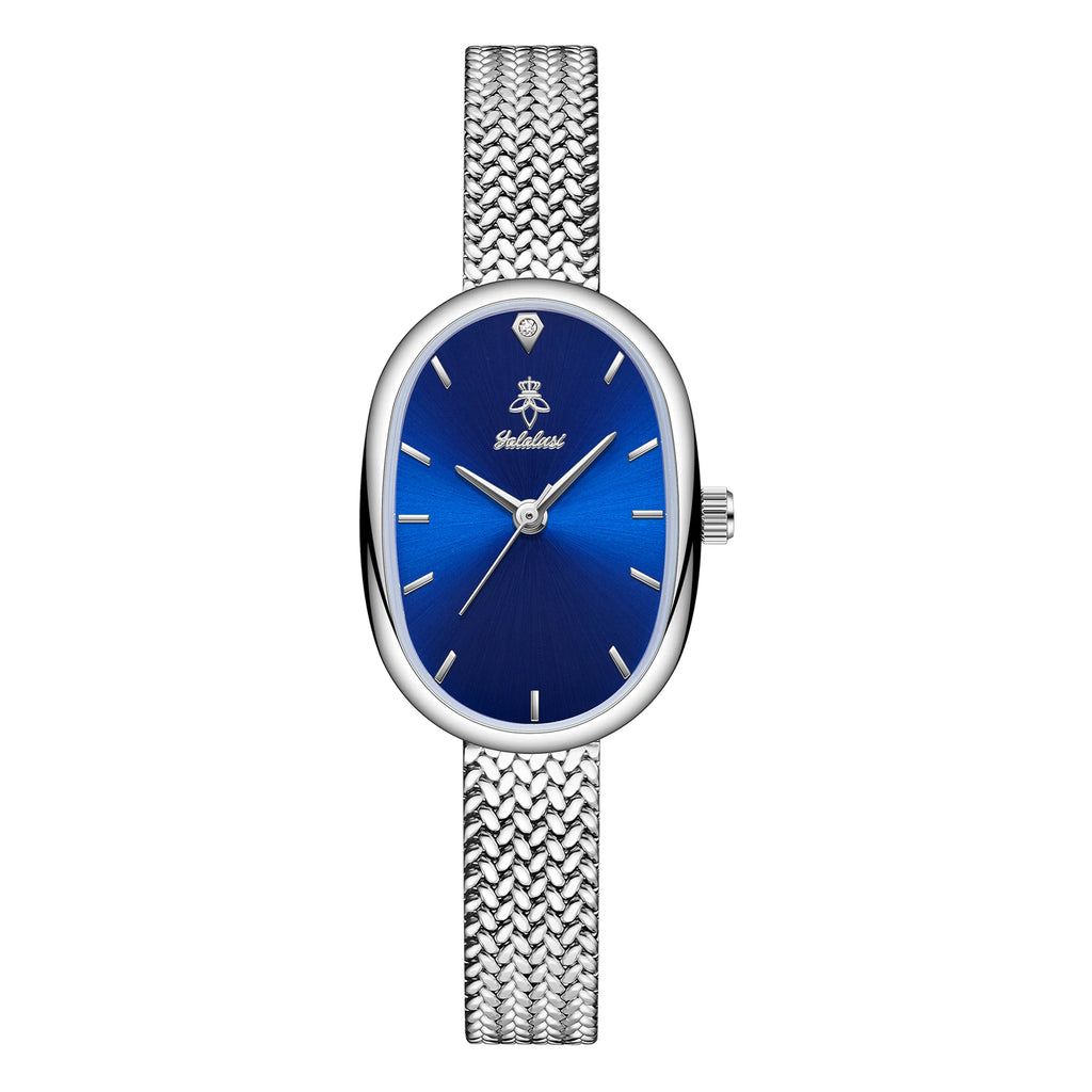 YaLaLuSi Oval Pink  Dial Gold Herringbone Mesh Women Watch Tiny Diamond Index Minimal Thin Case Ladies Quartz Bracelet Dress Wristwatch