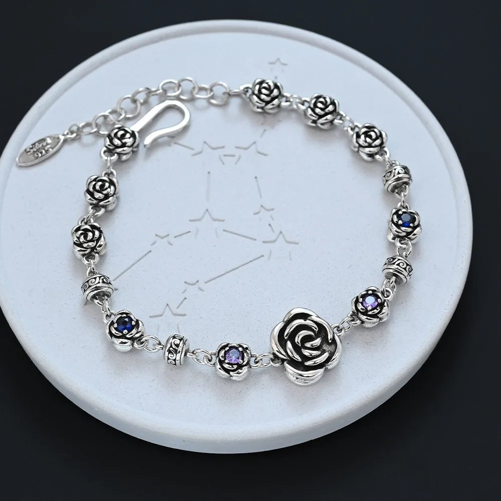 925 Sterling Silver Bracelet Rose Flower Linked Vintage Punk Adjustable Chain For Woman Girl Jewelry Gift Dropship Wholesale