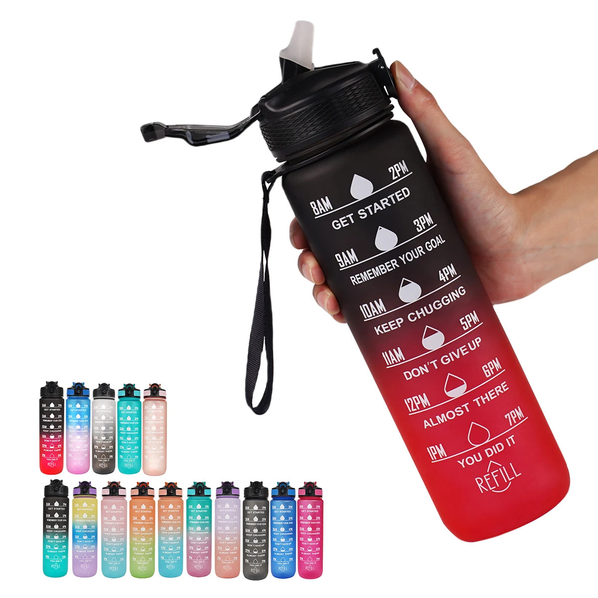 1L Water bottle 12 colors Leak Proof with Time Mark Drink and Straw Motivational Drinking Sports Water Bottle for Outdoor Hiking mbzr