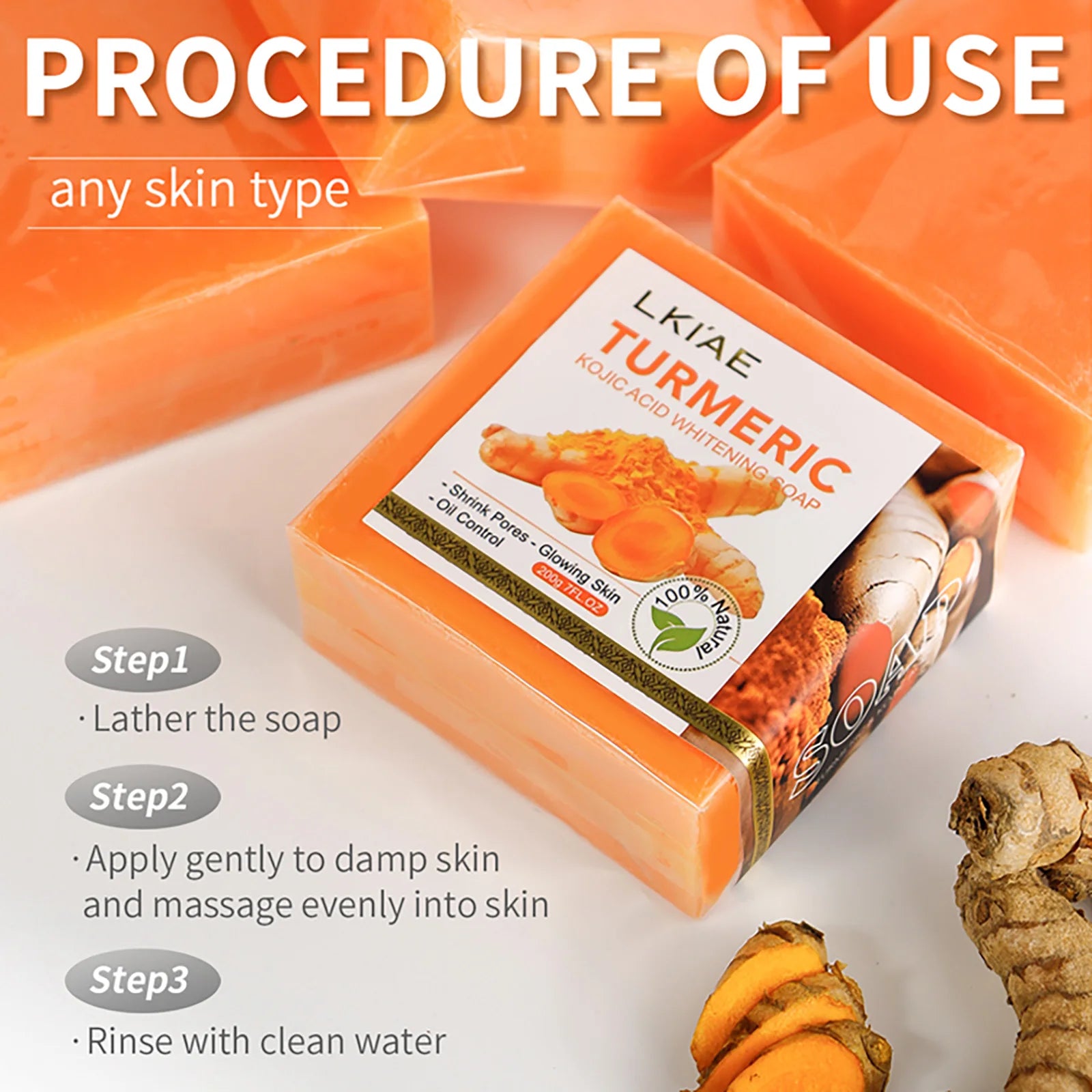 LKIAE Organic Turmeric Soap Bar, Natural Herbal Hand Made Whitening Soap, Reduce Melanin, Pimples, Acne, For Face And Body,200g mbzr