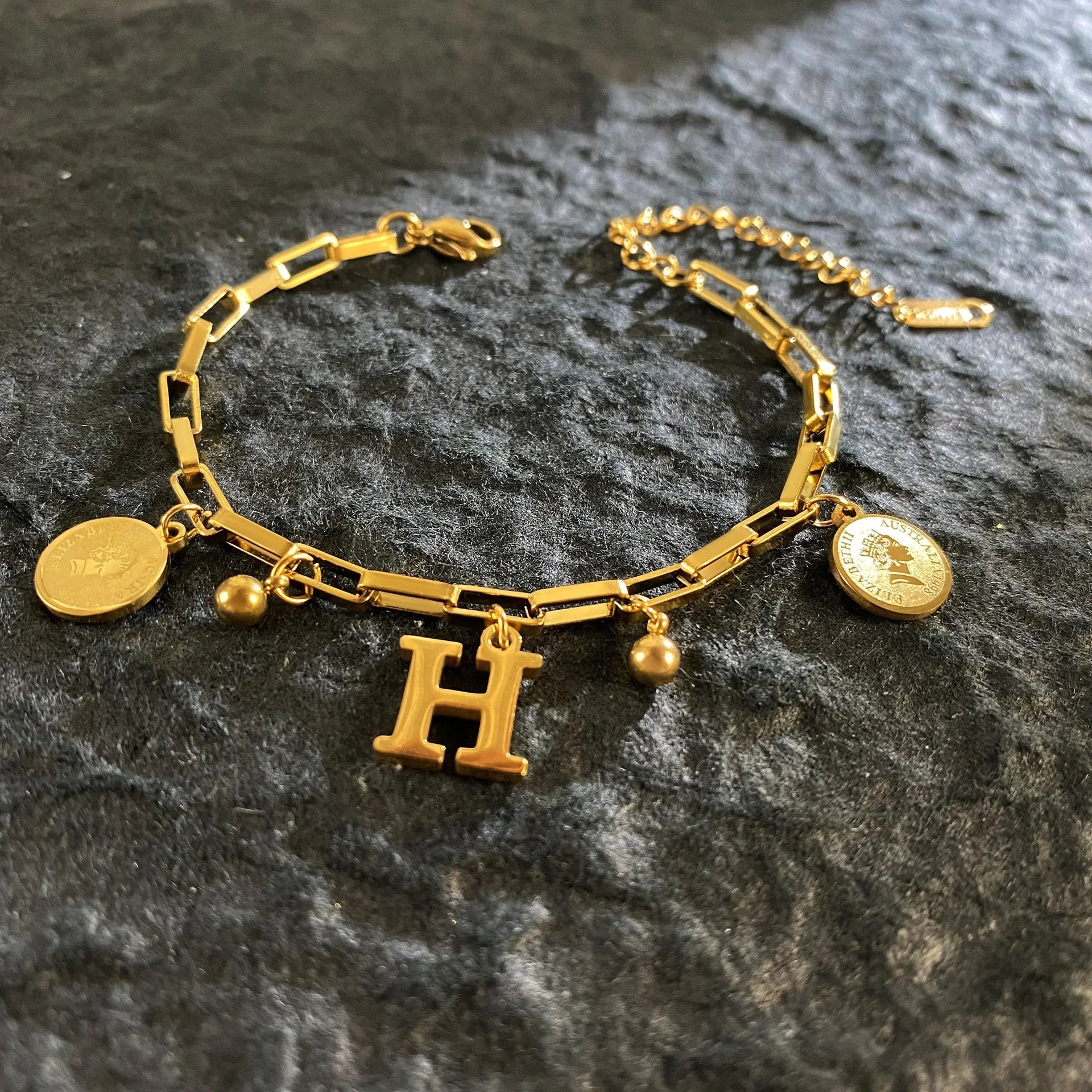 1pc Queen Coin Letter plated Stainless Steel Bracelet for Women Small Bell Pendant Adjustable Bracelet Classic Jewelry Gift