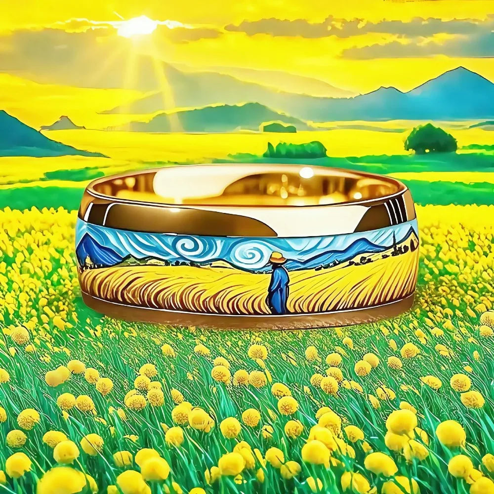 8MM Fashion Oil Painting Inlay Men's Stainless Steel Rings Unique Women Gold Color Steel Ring Wedding Engagement Jewelry Gift