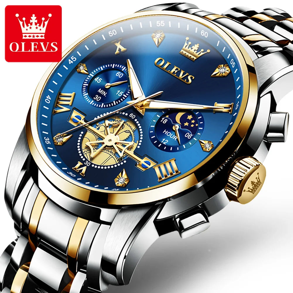 Quartz Watch Flywheel Skeleton Chronograph Moon Phase Multifunctional OLEVS 2856 mbzr